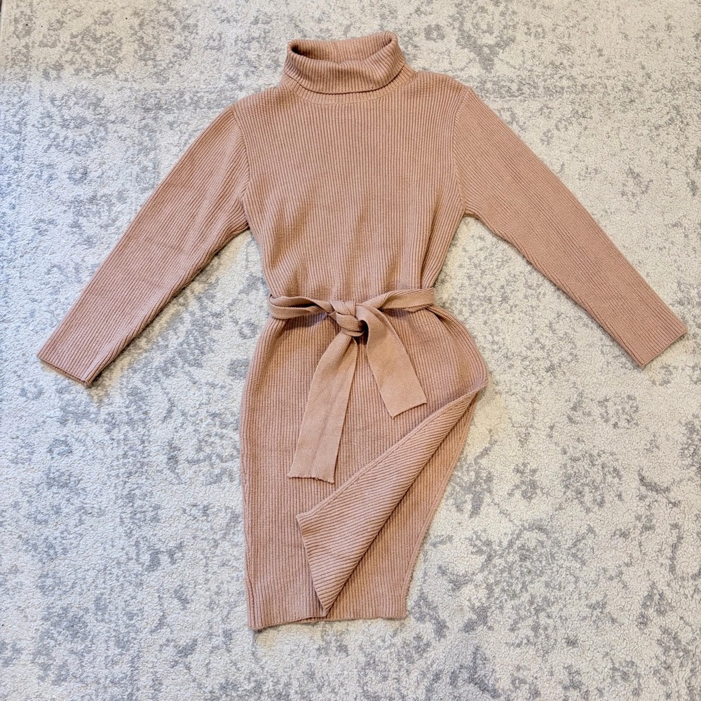 JLUXLABEL Tan Ribbed Turtleneck Dress